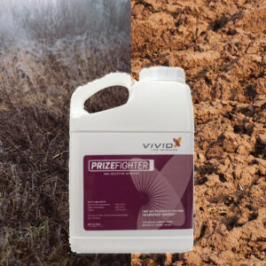 Vivid Prizefighter bottle on top of half a picture of weeds and half a clean field of dirt