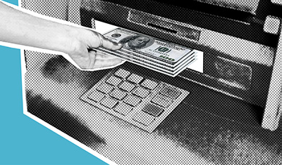 Black and white illustration of community member using ATM service in NJ